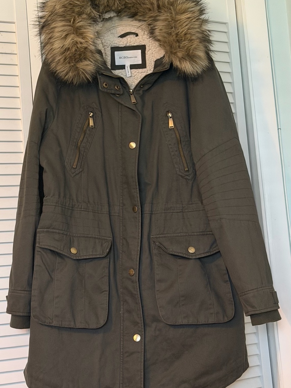 BCBGeneration Olive Green Faux Fur Trim Utility Parka